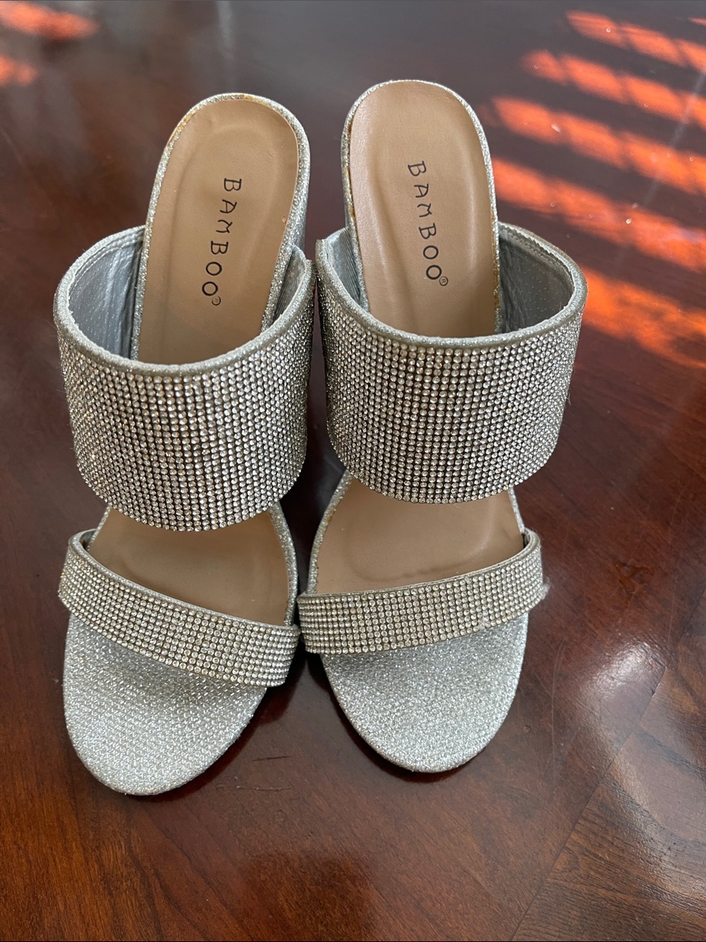 BAMBOO Silver Rhinestone Double-Band Slide Mules